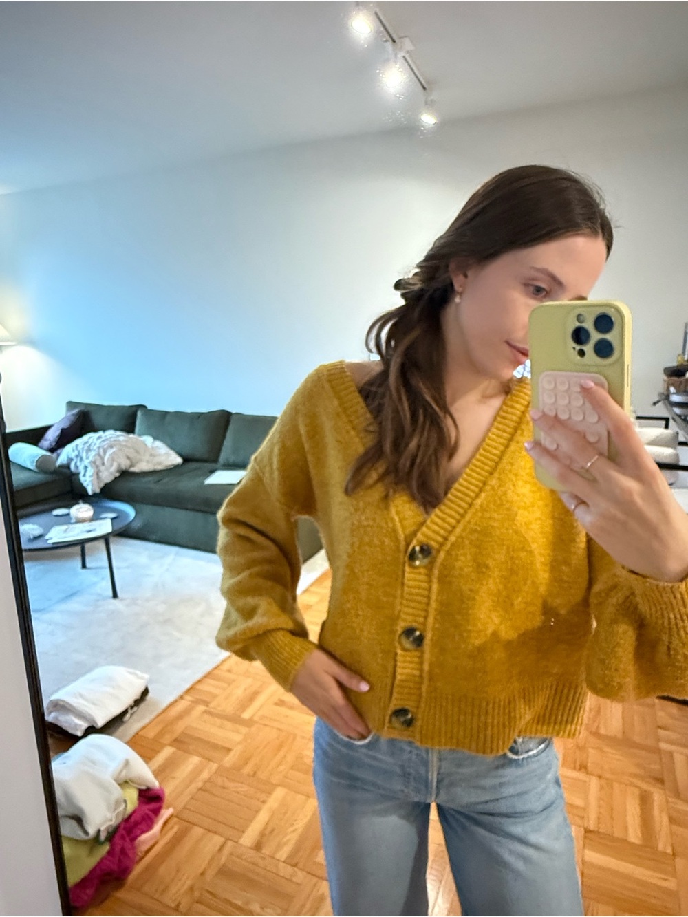 Topshop Mustard Chunky Button V-Neck Cardigan